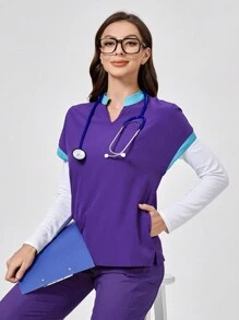 TaskEZ Parte superior de uniforme de manga corta tipo murciélago de cuello en V de color contrastante, parte superior de uniforme clásica moderna suave con ribete de contraste