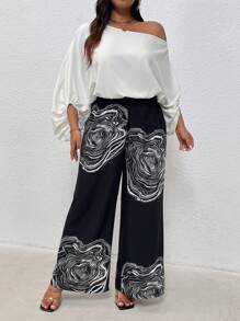 SHEIN Privé Plus Size Summer Casual/Work Commuting Chic Plain Cold Shoulder Jumpsuit For Women With Graphic Print - White - View 4