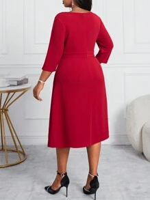 SHEIN Lady 新款优雅复古喇叭袖披肩 A 字裙、圣诞派对晚礼服，适合婚礼宾客、伴娘、秋冬季 - 紅色 - 查看 2