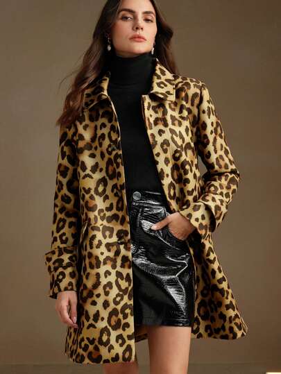 Anewsta Chaqueta larga suelta informal de mujer de primavera y otoño con estampado de leopardo