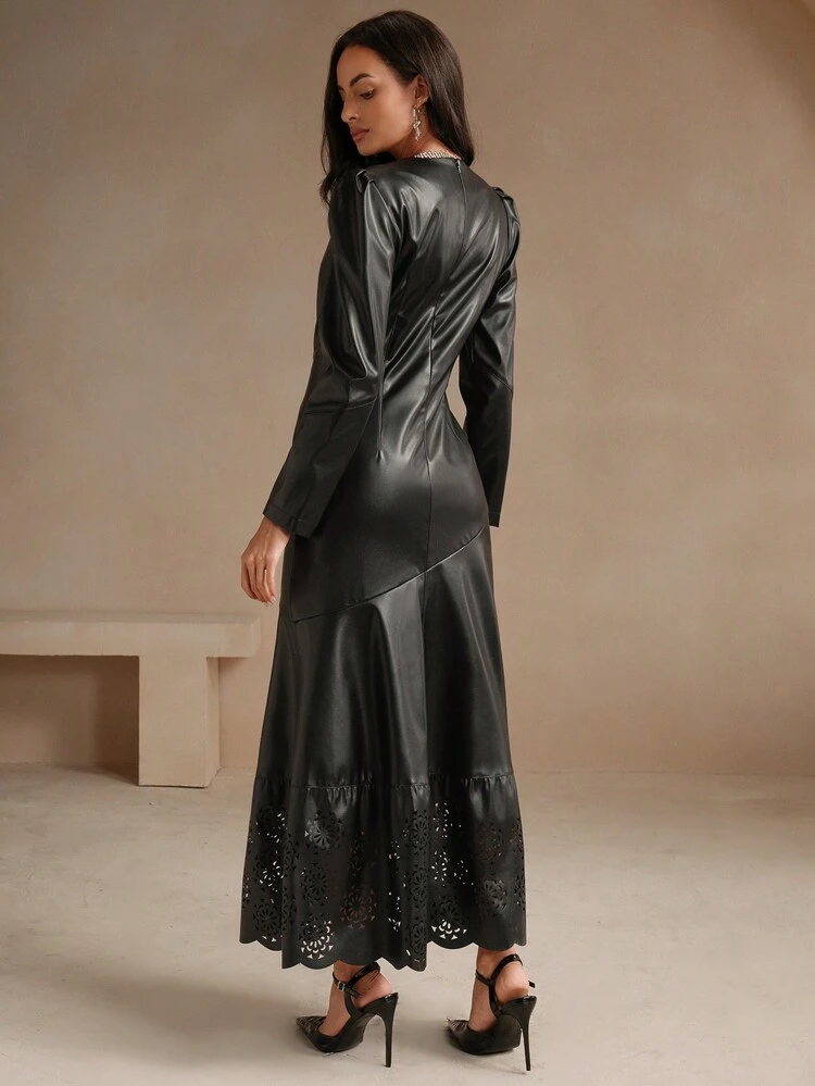 Spring/Autumn Fashion Long Sleeve Vintage Style Hollow Floral Pattern PU Dress