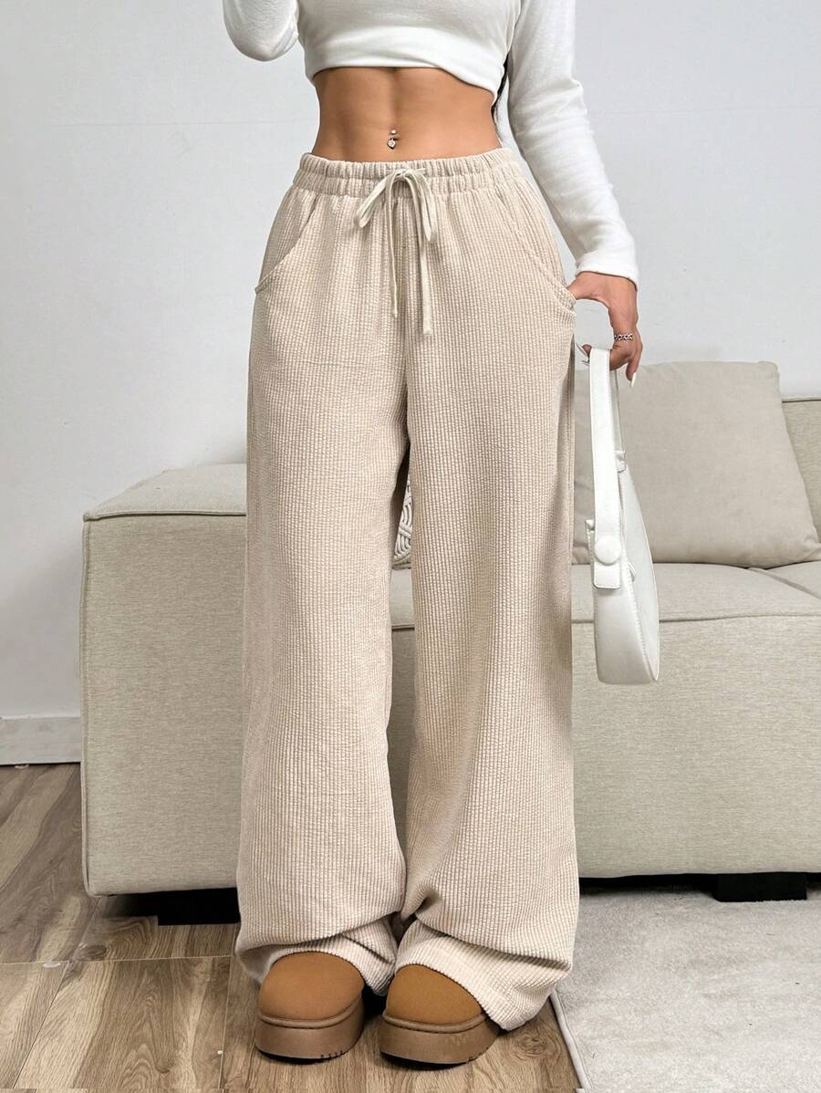 SHEIN EZwear Women's Apricot Color Cordury  Wide Leg Pants,Autume / Winter - Khaki - View 1