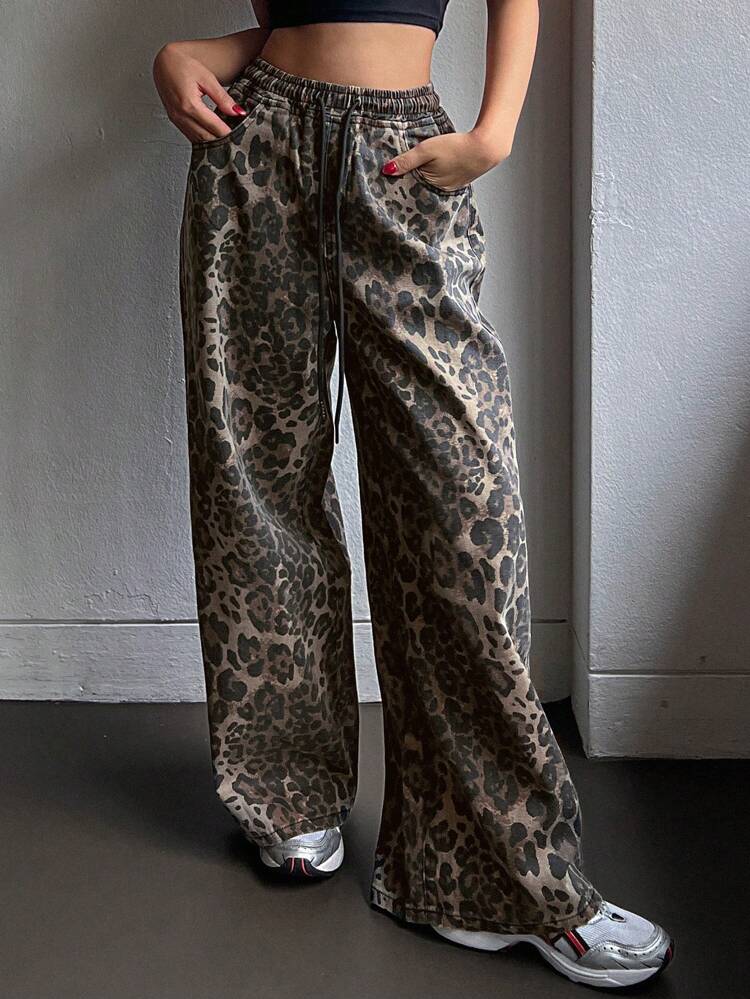 Women's Waistline Tailored Leopard Print Straight Leg Jeans Cheetah Print