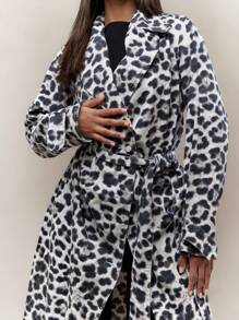 MISSGUIDED Leopard Print Lapel Collar Denim Long Jacket With Belt Winter Wear - Multicolor - View 3