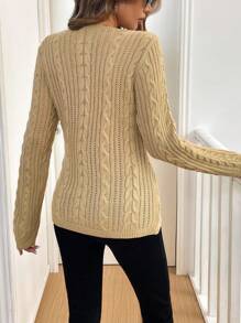 SHEIN Clasi Suéter de mujer de cuello en V acanalado de manga larga, jersey de punto para otoño e invierno - Caqui - Ver 2
