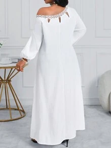 SHEIN Lady 春夏优雅波西米亚风白色编织露肩主教袖不对称长袖大码连衣裙长袍白色连衣裙