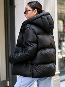 SHEIN Tall Women's Slant Pocket Drawstring Hooded Padded Coat - Black - View 2