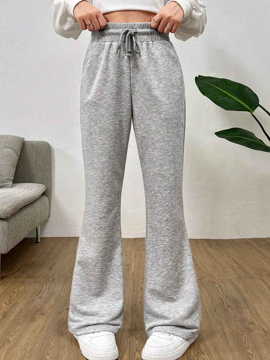 SHEIN Leap Crew Teen Girls Heather Gray Loose Fit Low Rise Waist Flare Leg Casual Sports Track Pants - Light Grey - View 1