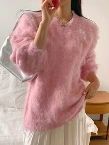 DAZY Women's V-Neck Oversized Fleece Long Sleeve Sweater,Fall Women Clothes - Pink - View 2