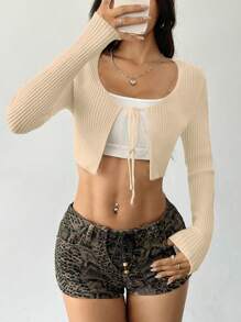 SHEIN Unity 女士纯色前系带长袖休闲开衫 - 卡其色 - 查看 1