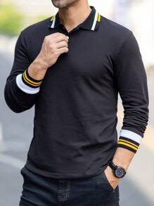 Manfinity Homme Men Ribbed Striped Long Sleeve Casual Business Fashion Polo Shirt