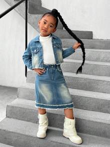 Girls' Distressed Denim Jacket And Skirt 2-Piece Set - Medium Wash - View 3