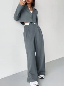 SHEIN EZwear Solid Color Jacket With Contrast Striped Pants Suit