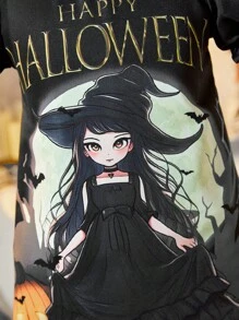 SHEIN 年轻女孩休闲优雅万圣节服装白衬衫领泡泡袖 A 字型黑色哥特风格南瓜哥特式印花连衣裙搭配印花黑色手提包，适合秋季、冬季、休闲、派对、生日、宴会、家庭聚会、万圣节 - 黑色 - 查看 5