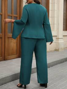 Celure Plus Size Open Front Split Sleeve Elegant Blazer + Casual Straight Leg Pants Suit