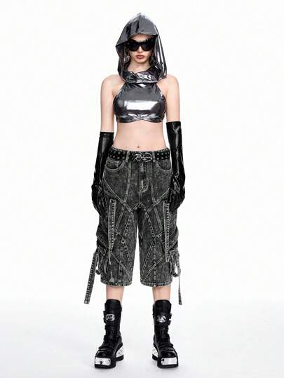 Grunge Punk Pantalones vaqueros de 3/4 de longitud, cintura baja, con bolsillos tipo cargo y efecto lavado desgastado