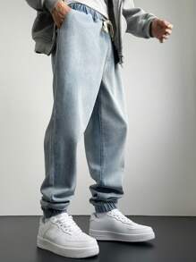 Manfinity Hypemode Pantalones vaqueros holgados tipo harem de color liso con cordón en la cintura para hombre, pantalones rectos largos desgastados de carga de color azul claro, regalos para esposo o novio - Azul - Ver 6