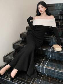 DAZY Women's Colorblock Off-Shoulder Elegant Long Sleeve Sweater Dress Off Shoulder,Fall Clothes - Black - View 5