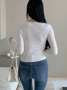 DAZY Áo len dài tay ôm sát cổ chữ V phối ren tương phản dành cho nữ mùa thu - trắng - Xem 5