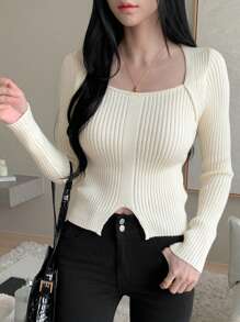 DAZY Women's Solid Color Simple Fitted Long Sleeve Sweater, Casual Daily Wear