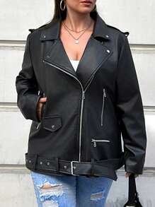 EURMUSE Plus Zip Up PU Leather Moto Jacket - Black - View 4