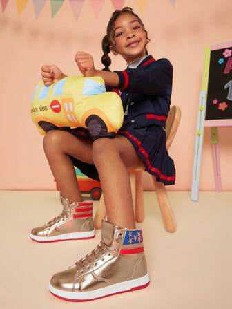 Mini mi Kids Gold 'Never Give Up' USA Star High Top Sneakers - American Dream, American Spirit,Peace&Love!