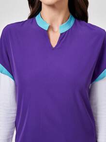 TaskEZ Parte superior de uniforme de manga corta tipo murciélago de cuello en V de color contrastante, parte superior de uniforme clásica moderna suave con ribete de contraste