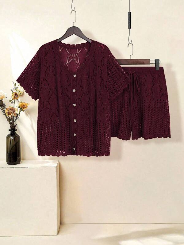 SHEIN LUNE ملابس علوية قصيرة الأكمام بياقة على شكل حرف V بلون سادة وسراويل رياضية مع رباط خصر مقاسات كبيرة مجموعة
