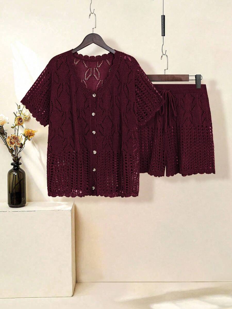 SHEIN LUNE Plus Size V-Neck Short Sleeve Button Casual Loose Top And Drawstring Shorts Sweater Suit - Burgundy - View 1
