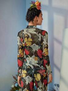 Frida Kahlo X SHEIN X Designer ISELACOS Mock Neck Tropical Printed Sheer Mesh Top With Lettuce Hem, Holiday, Thanksgiving, Spring & Summer, Going Out, Festival