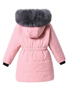 Young Girls Fluffy Collar Pink Windproof Mid-Length Coat - Pink - View 2