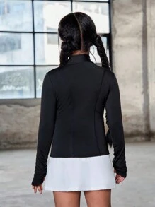 SHEIN Tween Girls Solid Color Fitted Knit Casual Long Sleeve Sports Jacket - Black - View 2