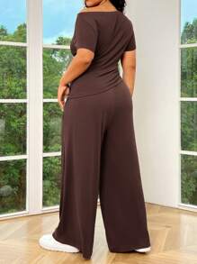 SHEIN EZwear 2pcs Plus Size Women's Asymmetrical Shoulder Top And Straight Leg Pants Knitted Set, Dark Grey - Brown - View 2