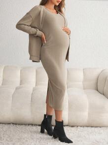 SHEIN 2pcs Maternity Outfit Set: Button Cardigan Top And Sleeveless Bodycon Dress, Autumn Winter - Khaki - View 3