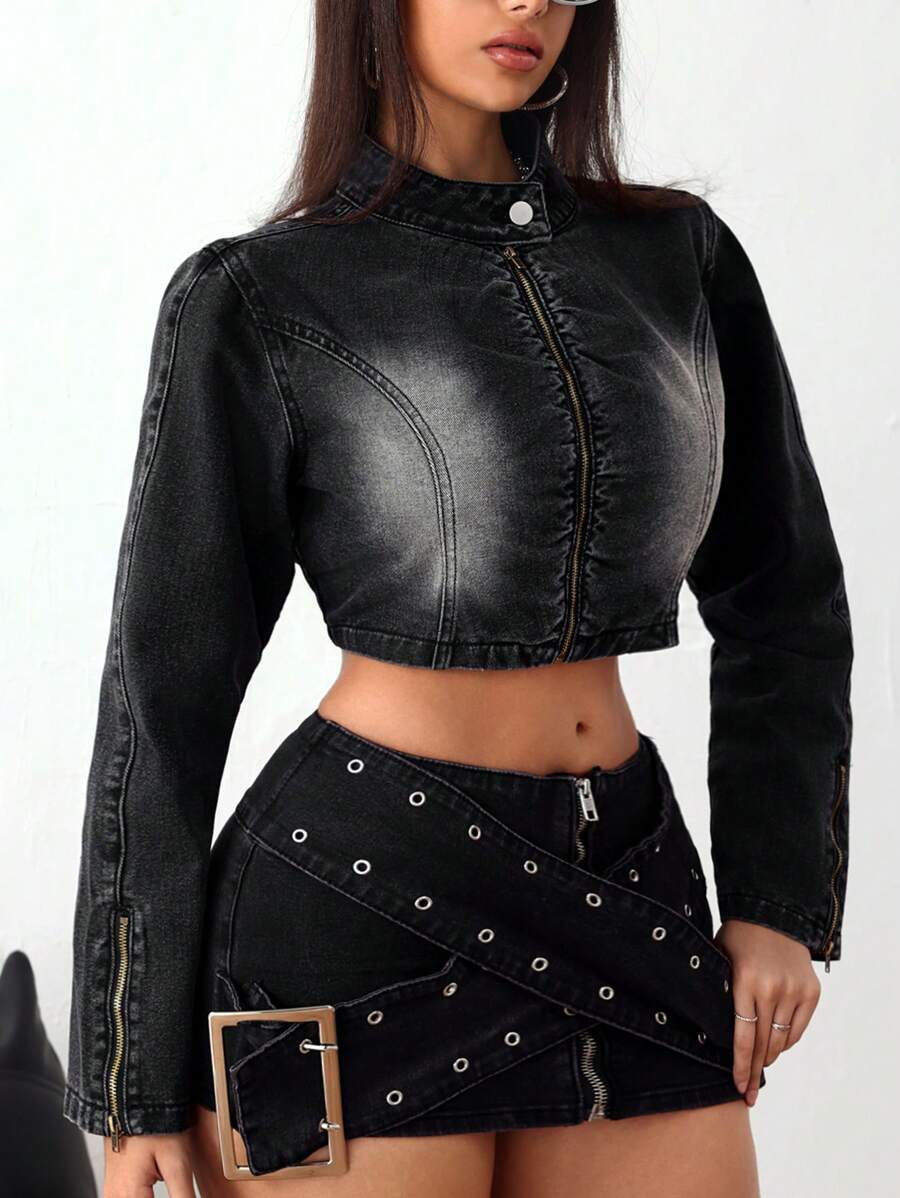 SHEIN ICON Women Spring Autumn Cropped Fitted Denim Jacket - Black - View 1