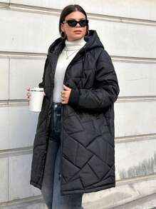 EURMUSE 大码绗缝女式夹克，带兜帽、口袋，适合冬季 - 黑色 - 查看 1