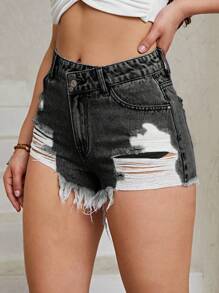 SHEIN EZwear Quần short denim cài nút phía trước, nhiều túi, viền rách, trang phục thường ngày - Xám - Xem 4