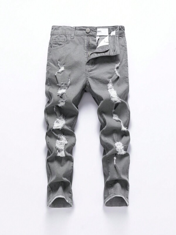 SHEIN Explorewe Tween Boys' Casual Street Fashion Distressed Ripped Light Gray Stretch Jeans, School, Campus, College Summer Holiday