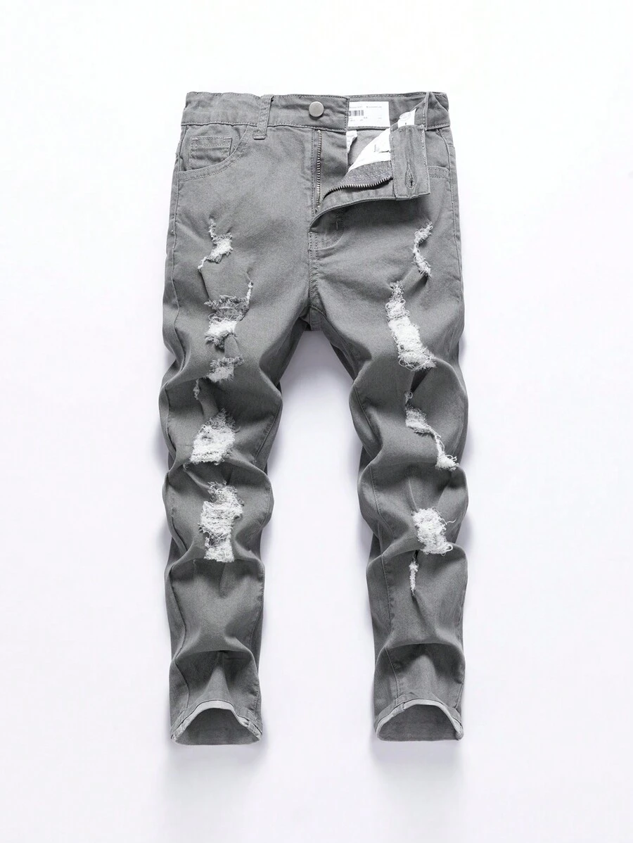 SHEIN Explorewe Tween Boys' Casual Street Fashion Distressed Ripped Light Gray Stretch Jeans, School, Campus, College Summer Holiday - Light Grey - View 1