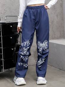 Tween Girl Butterfly Print Casual Pants,Holiday,Summer,Travel - Navy Blue - View 1