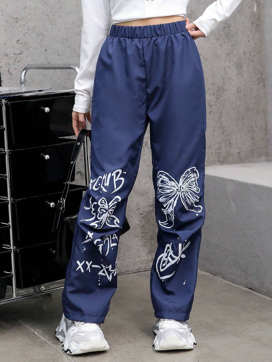 Tween Girl Butterfly Print Casual Pants,Holiday,Summer,Travel - Navy Blue - View 1