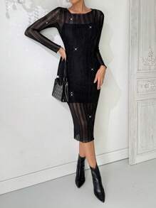 SHEIN Essnce Women's Essnce Black Elegant Dress Lace Patchwork Long Sleeve Midi Dress Two Piece Set - Black - View 6