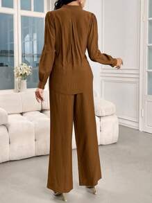 Modelyn 2pcs Women's Solid Color Button Front Blouse & Pants Casual Set 2 Pieces Set