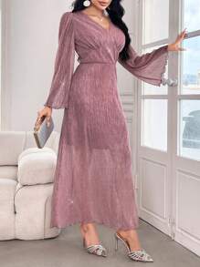 Modelyn Elegantes Damenkleid mit V-Ausschnitt und langen Ärmeln, einfarbig