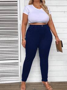 SHEIN CURVE+ Plus Size Slimming Leggings Pants - Navy Blue - View 5