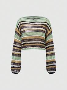 Chiquease Casual Colorblock Striped Hollow Out Knitted Sweater, Spring/Fall, Fall Winter - Multicolor - View 1