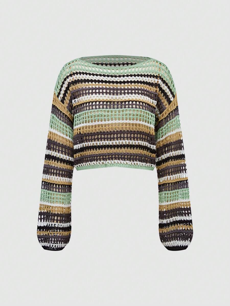 Chiquease Casual Colorblock Striped Hollow Out Knitted Sweater, Spring/Fall, Fall Winter - Multicolor - View 1