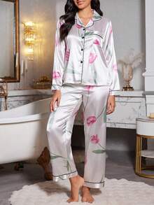 Conjunto de pijama de manga larga con cuello de estampado de tulipanes de seda sintética - Multicolor - Ver 4
