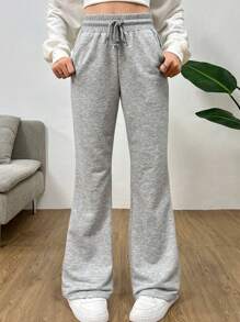 SHEIN Leap Crew Teen Girls Heather Gray Loose Fit Low Rise Waist Flare Leg Casual Sports Track Pants - Light Grey - View 5