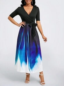 Plus Size Women's Elegant Tie-Knot Ombre Short Sleeve Dress, Autumn - Blue - View 3